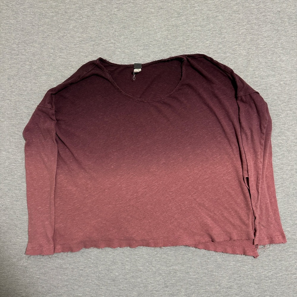 We The Free Free People Ombre Linen Blend Long Sleeve Oversized Tee Burgundy XS
